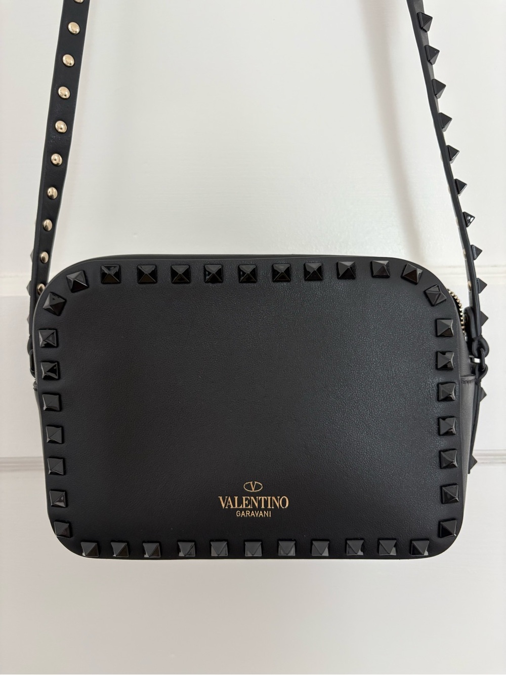 Valentino Garavani Black Leather Rockstud Crossbody Bag with Gold Logo